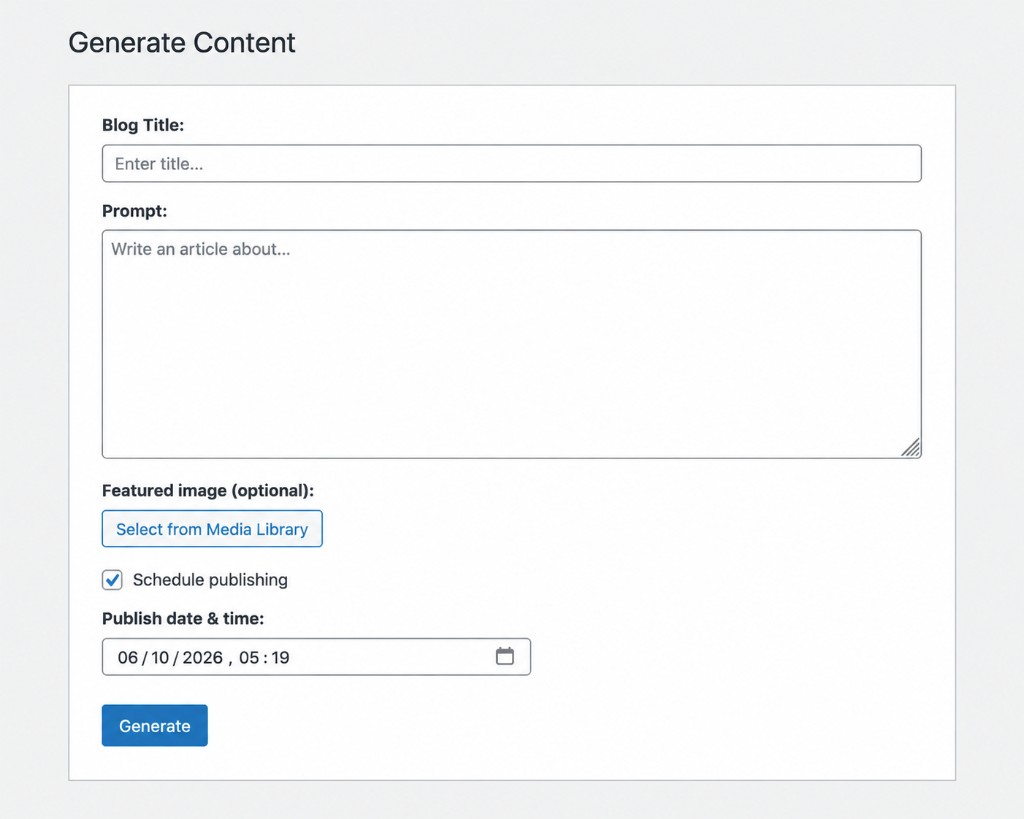 Formular zur KI-gestützten Inhaltserzeugung im WordPress-Backend